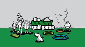 The Backyard Golf Game logo with cartoon family playing in the backyard